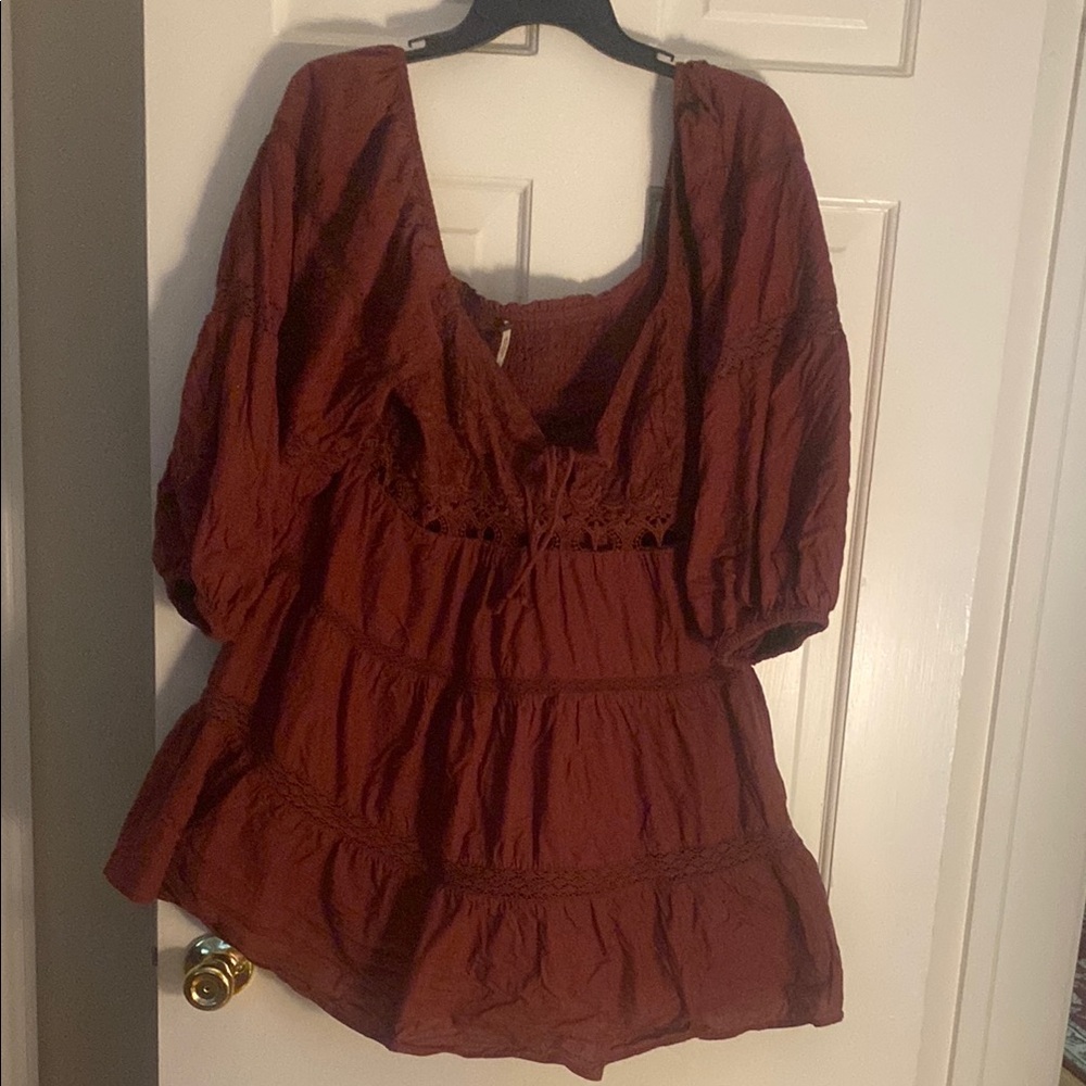 Free People Red Smocked Tiered Blouse